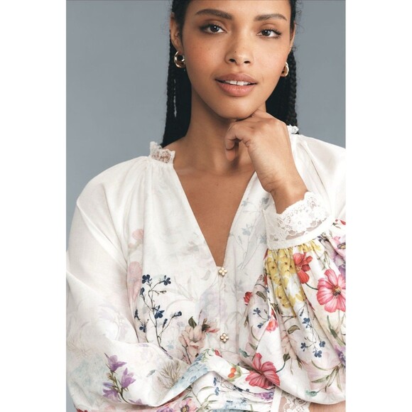 Anthropologie Let Me Be Midi Dress Long Sleeve V Neck Ivory Floral Preppy 3X NWT - Picture 7 of 15